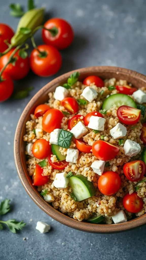 A bowl of Mediterranean quinoa salad with fresh vegetables.
