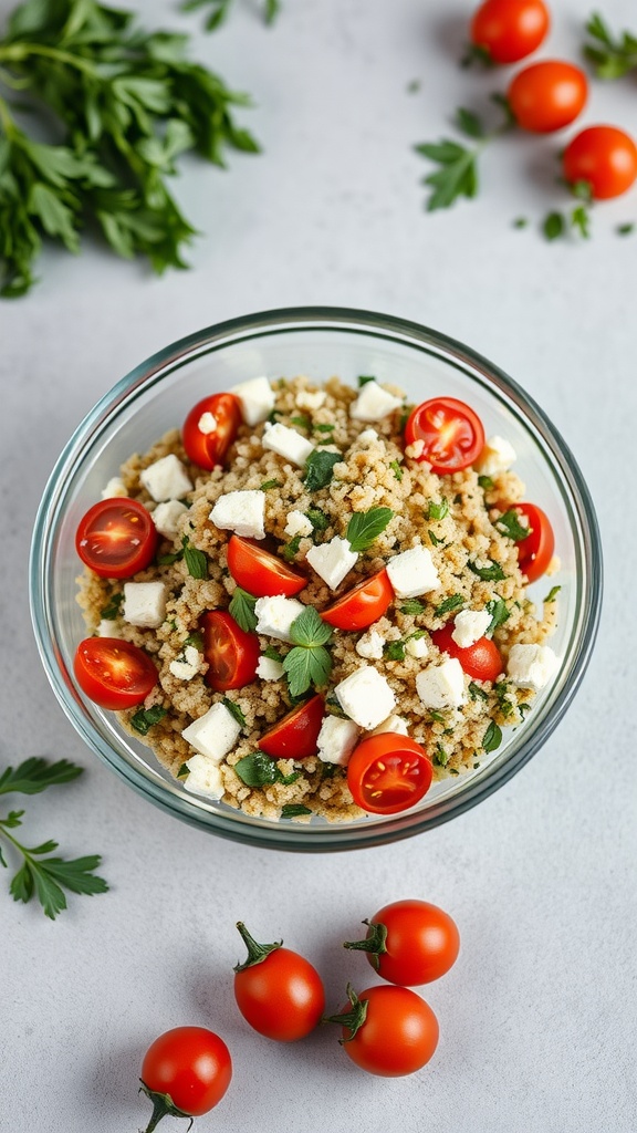 A bowl of Mediterranean quinoa salad with feta, featuring cherry tomatoes and fresh herbs.