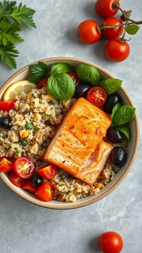 Mediterranean Salmon Bowl with couscous, tomatoes, olives, and fresh herbs