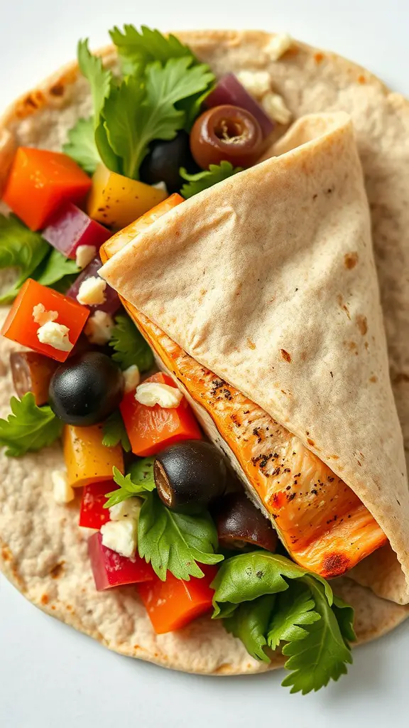 Mediterranean Salmon Wrap with colorful vegetables and salmon