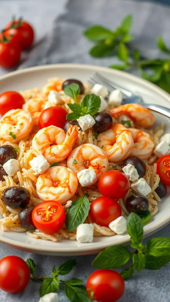 A colorful plate of Mediterranean shrimp orzo salad with tomatoes, olives, and feta cheese.