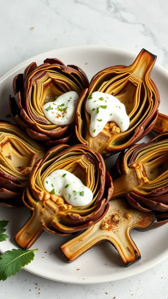 Grilled artichokes drizzled with white sauce and garnished with herbs.