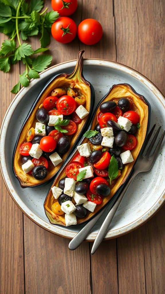 Mediterranean stuffed eggplant with tomatoes and feta cheese