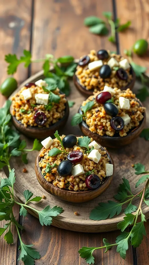 Mediterranean stuffed portobello mushrooms on a wooden platter