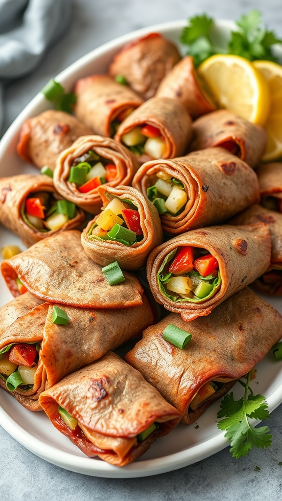 Mediterranean stuffed steak roll-ups with fresh vegetables and herbs