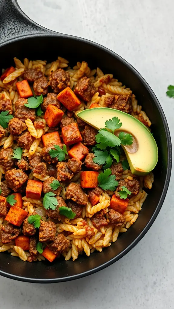 A delicious Mexican beef and rice skillet meal with ground beef, rice, and vegetables.