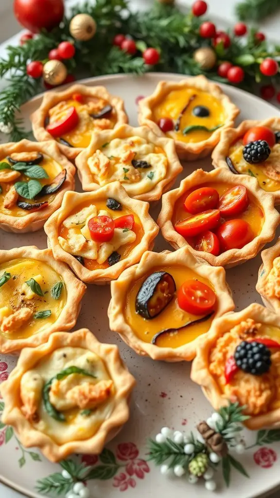 Plate of mini quiches with seasonal vegetables, garnished with fresh herbs.