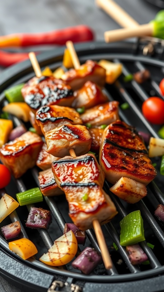 Delicious miso marinated pork belly skewers on a grill.