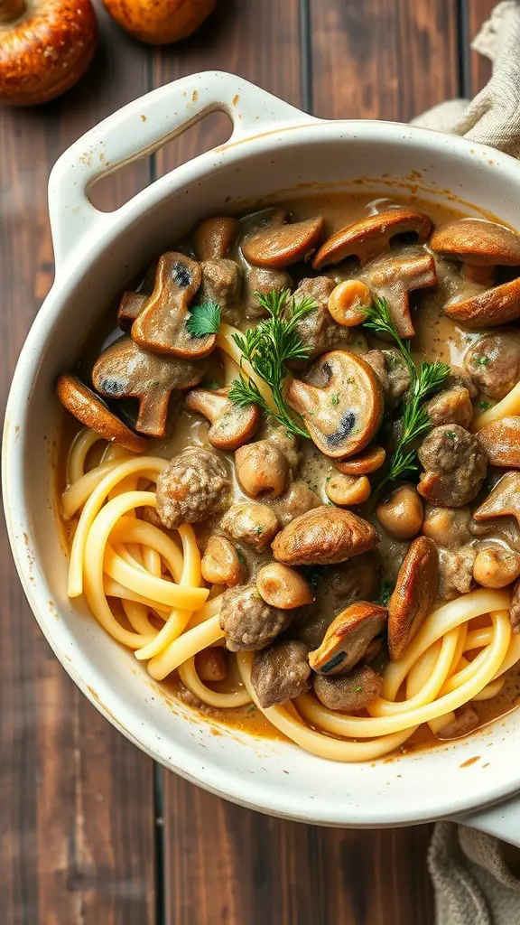 A comforting mushroom and beef stroganoff casserole with pasta.