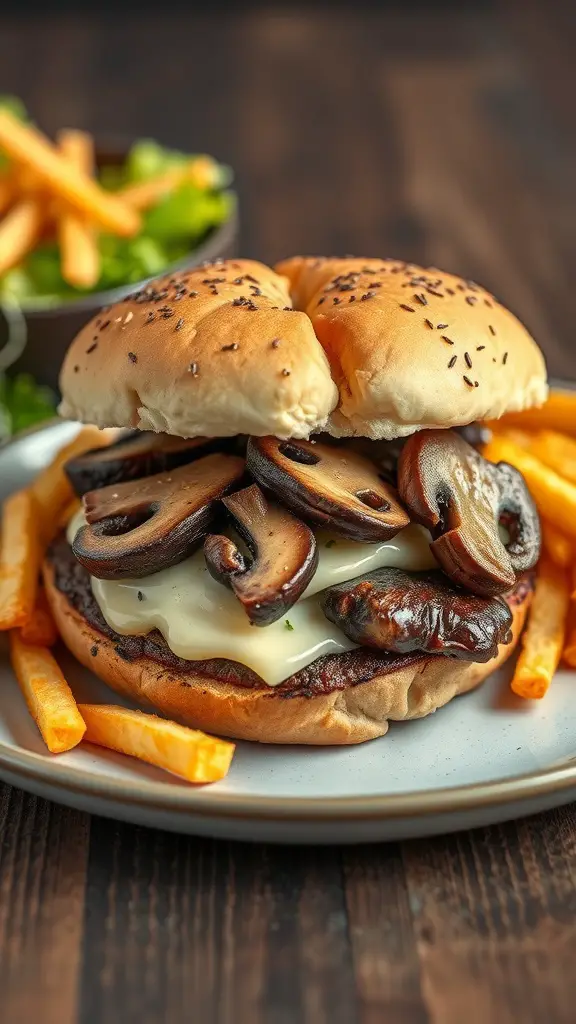 Mushroom and Swiss burger served on a plate with fries and a side salad.