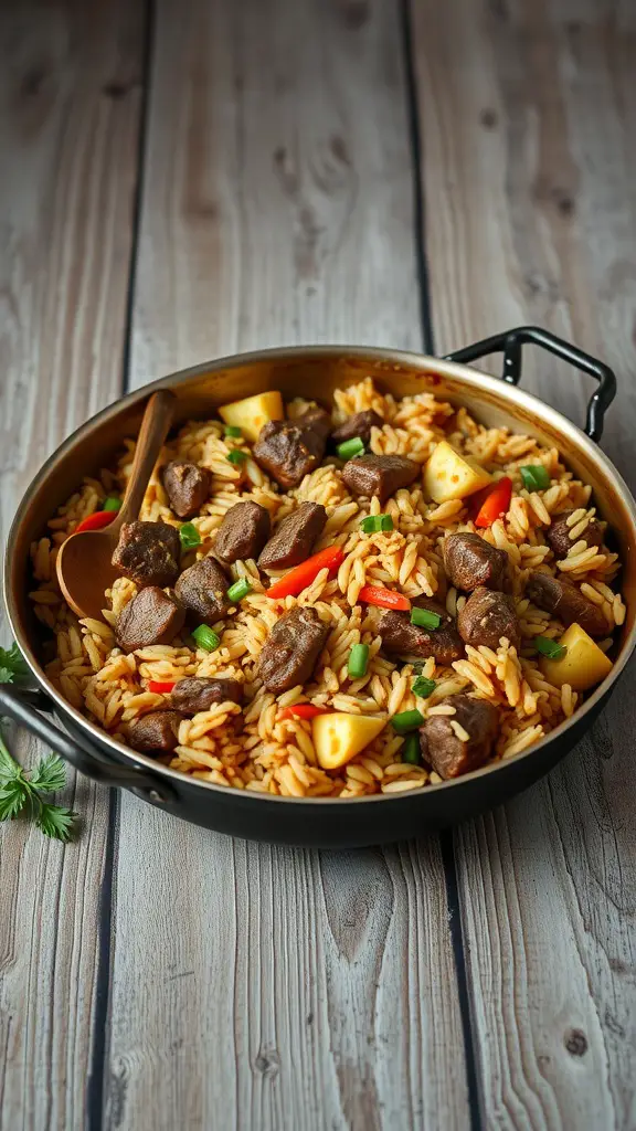 A hearty one-pan beef and rice skillet with colorful vegetables.