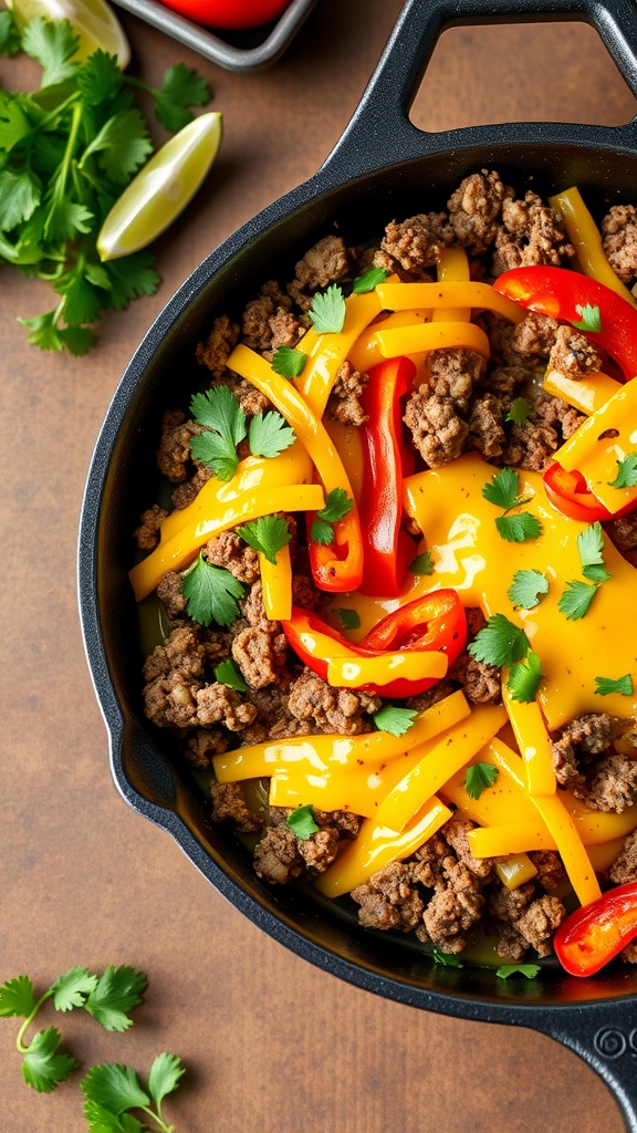 A one-pan taco skillet with ground beef, colorful peppers, and melted cheese.