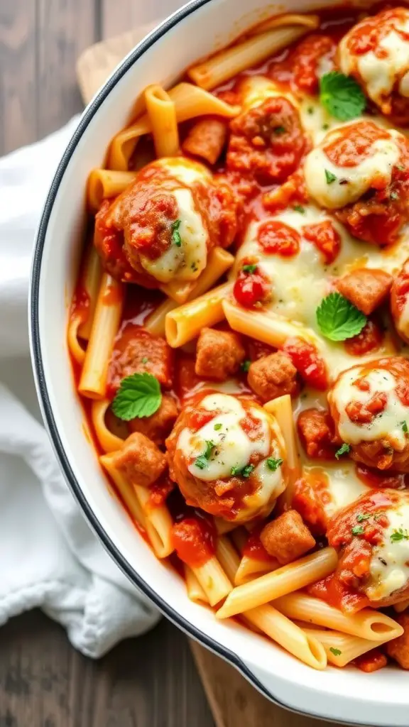 A delicious one-pot Italian meatball casserole with meatballs, pasta, and melted cheese.