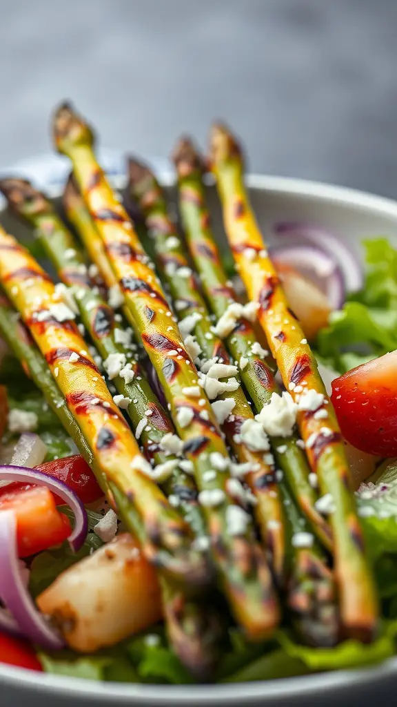 A plate of grilled asparagus topped with Parmesan cheese.