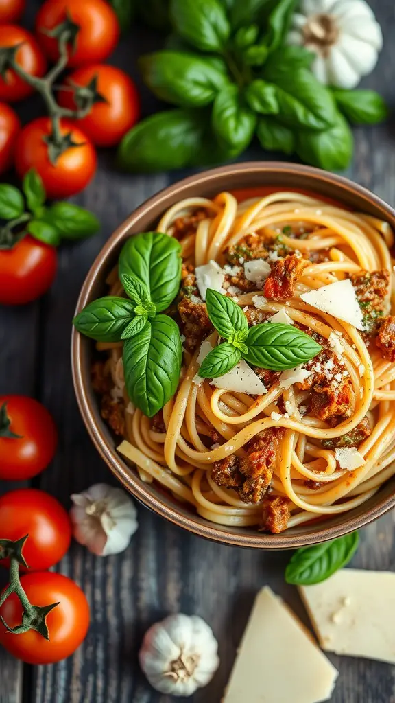 A bowl of pasta Bolognese topped with fresh herbs and garnished with cheese
