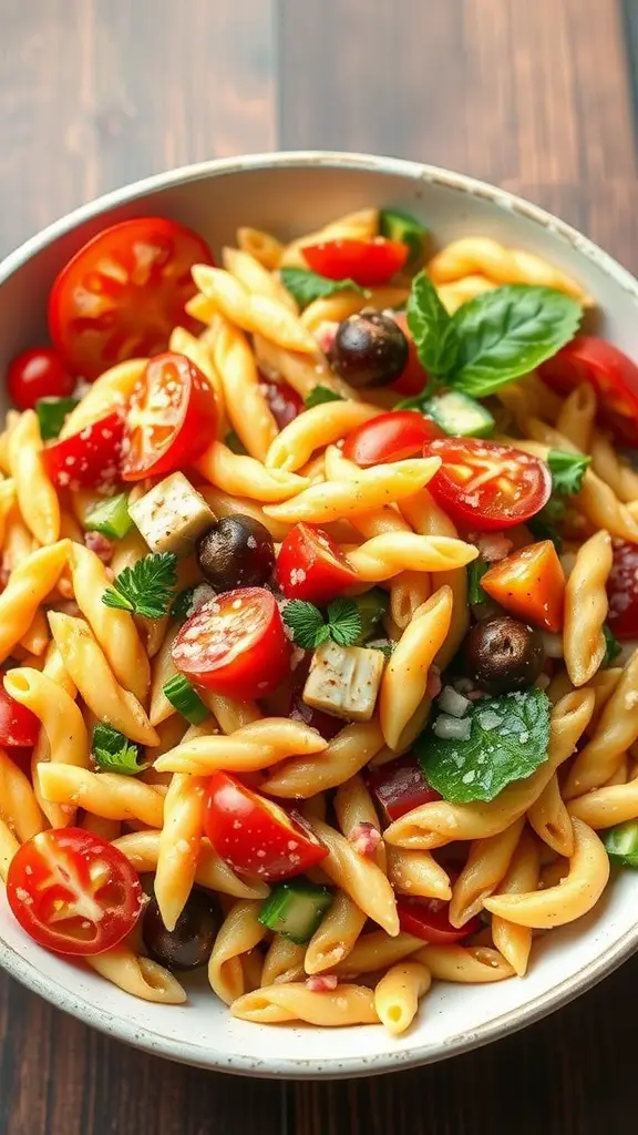 A colorful pasta salad with cherry tomatoes, cucumbers, olives, and mozzarella, garnished with fresh basil.