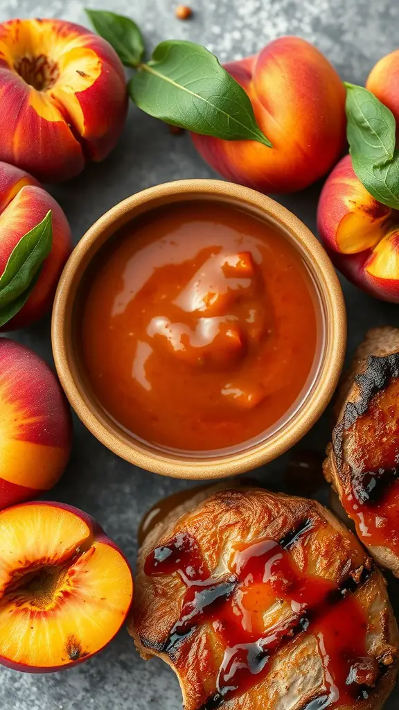 A bowl of peach barbecue sauce surrounded by fresh peaches.
