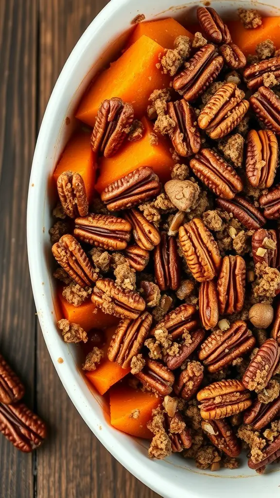 A delicious pecan crumble sweet potato bake with a crunchy topping.