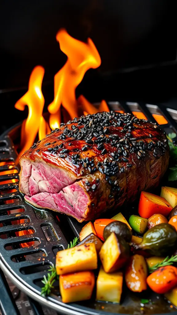 Peppercorn-crusted beef roast with roasted vegetables