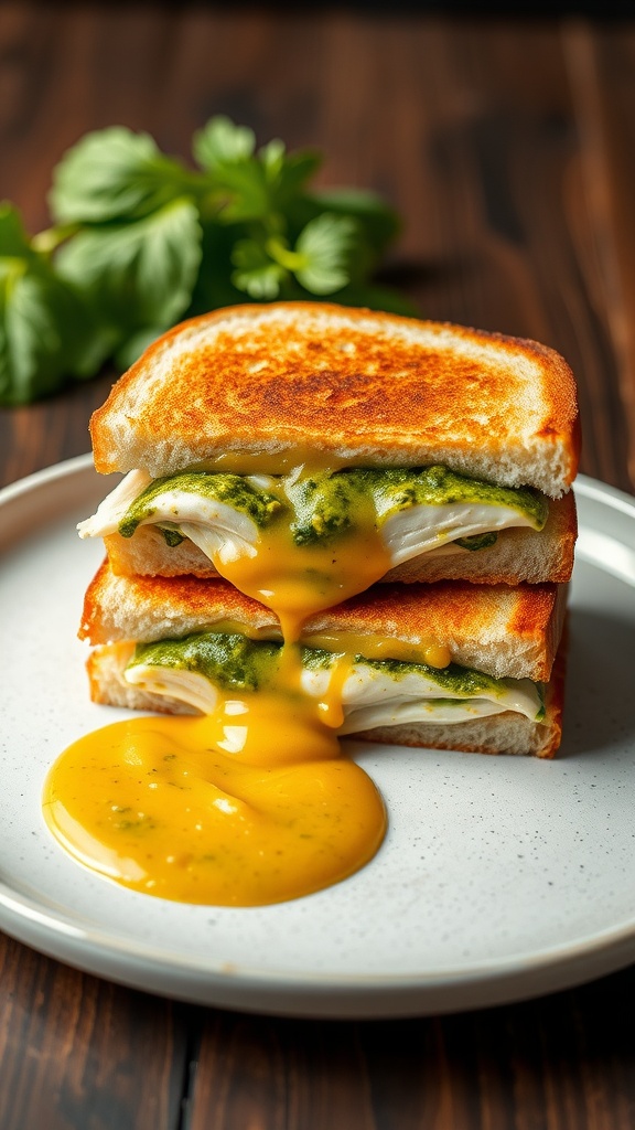 A delicious grilled cheese sandwich stacked with pesto, chicken, and melted mozzarella.