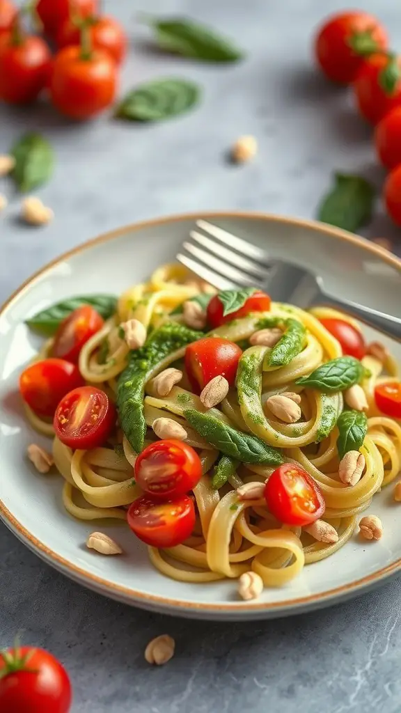 A vibrant Pesto Pasta Salad featuring cherry tomatoes and fresh basil.