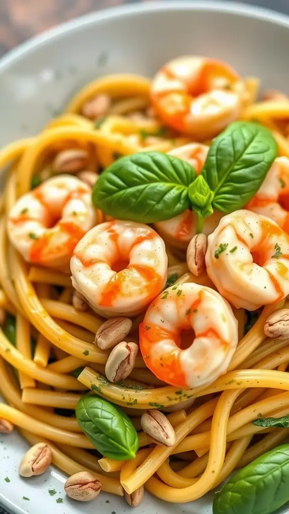 A bowl of Pesto Shrimp Penne with shrimp, pasta, and basil.