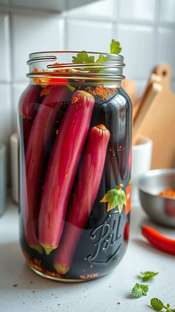 A jar of pickled Japanese eggplant with vibrant colors and spices