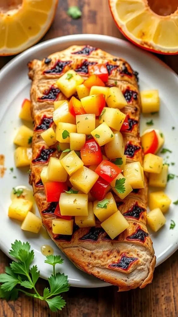 A plate of grilled pork loin topped with pineapple salsa, garnished with cilantro.