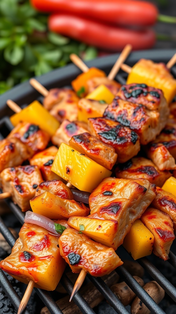Delicious pineapple teriyaki pork skewers on the grill