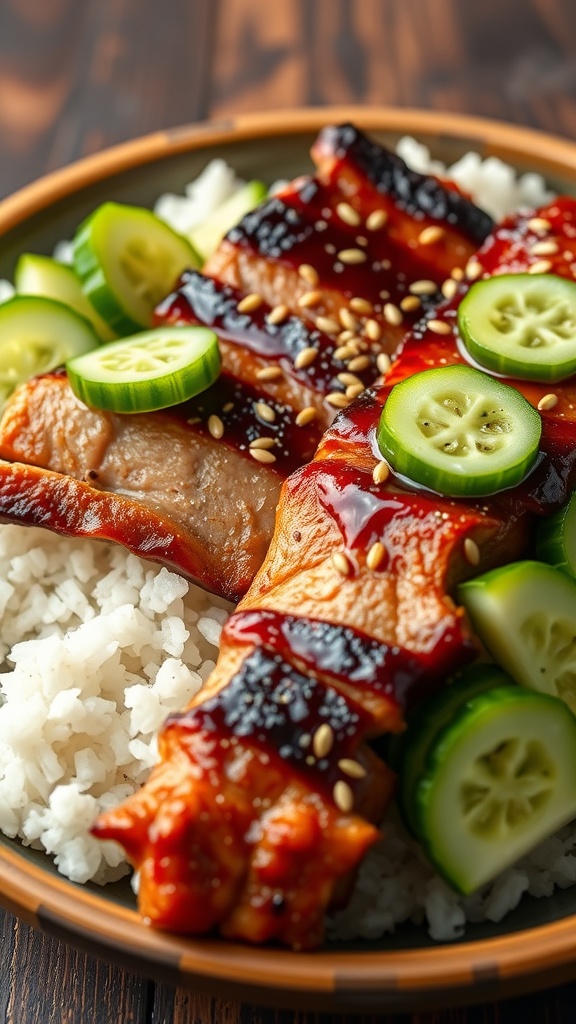 A delicious bowl of pork belly bulgogi served over rice with cucumber slices.