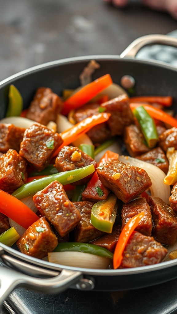 Delicious pork belly stir-fry with colorful vegetables.