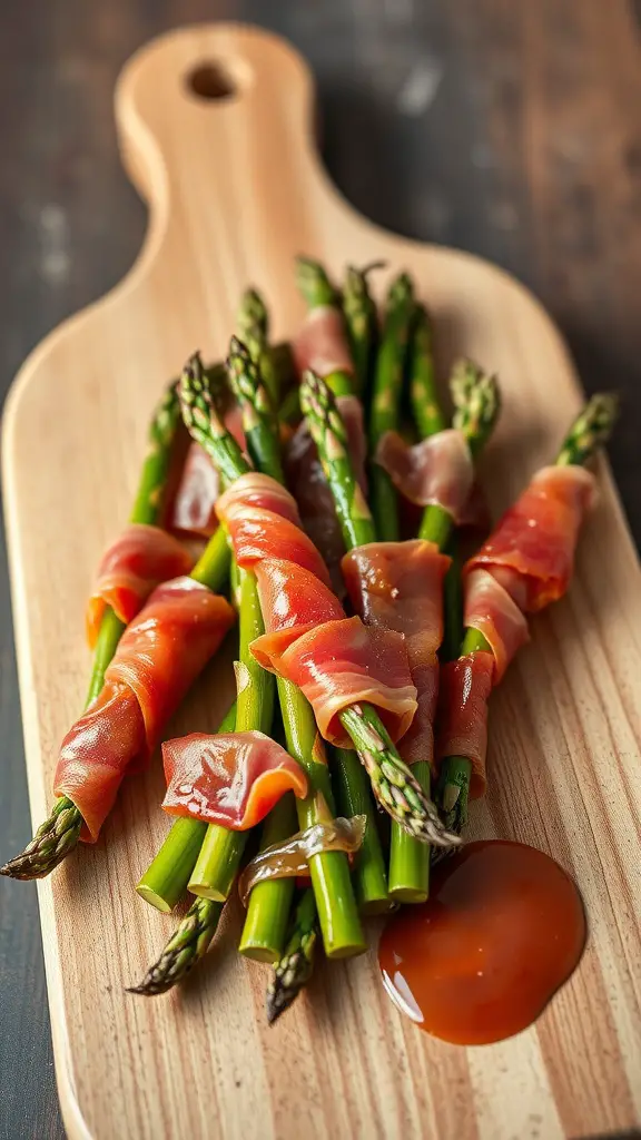 Prosciutto-wrapped asparagus on a wooden cutting board