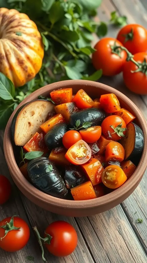 Bowl of Ratatouille with tomatoes and eggplant.