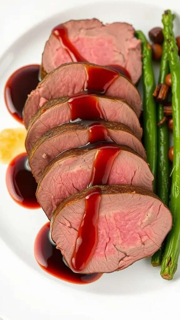 Sliced beef tenderloin with red wine reduction sauce and green vegetables