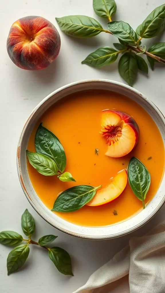 A bowl of peach and basil soup garnished with peach slices and basil leaves.