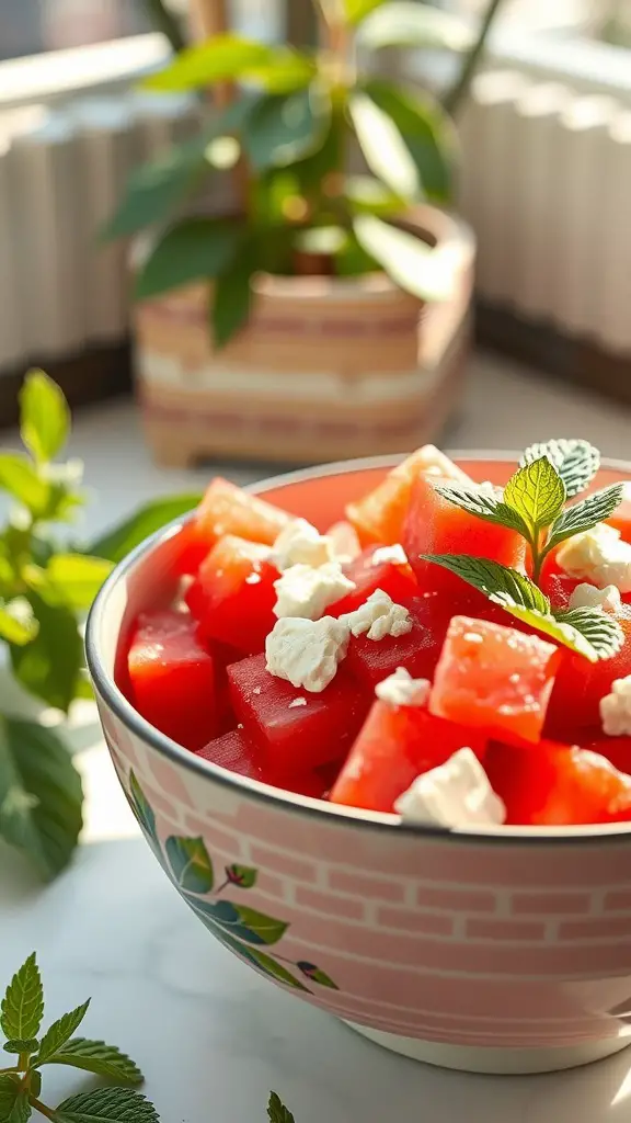 A vibrant watermelon salad with feta cheese and mint, served in a decorative bowl.