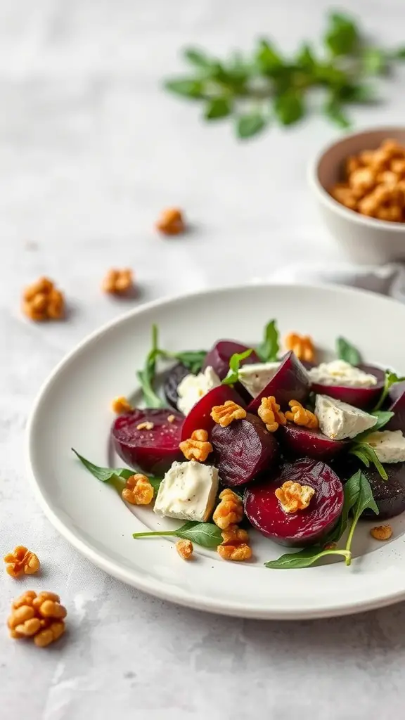 A vibrant roasted beet and goat cheese salad with walnuts and arugula.