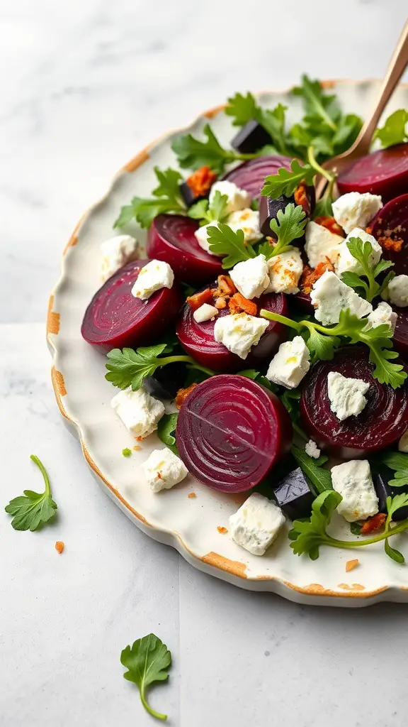 A vibrant roasted beet and goat cheese salad featuring mixed greens, crumbled goat cheese, and walnuts.