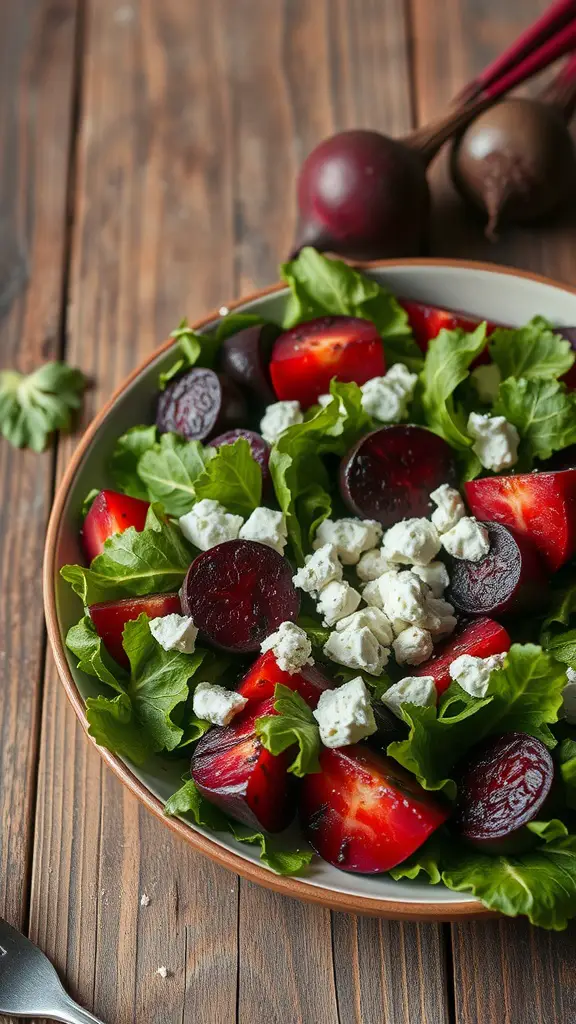 A fresh salad with roasted beets, goat cheese, and mixed greens
