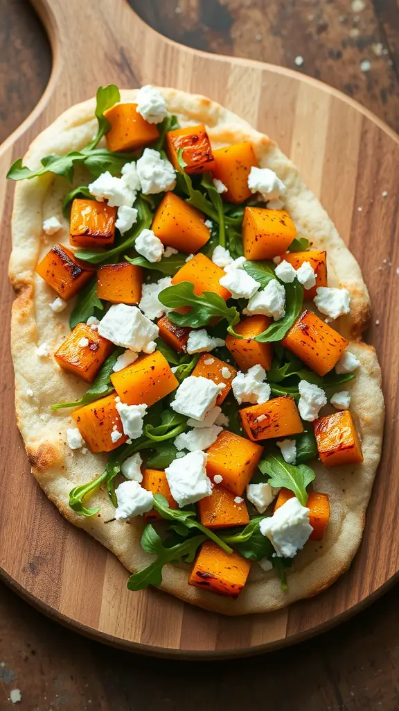 A delicious flatbread topped with roasted butternut squash, feta cheese, and fresh greens.