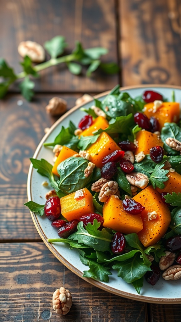 A vibrant salad featuring roasted butternut squash, mixed greens, walnuts, and cranberries.