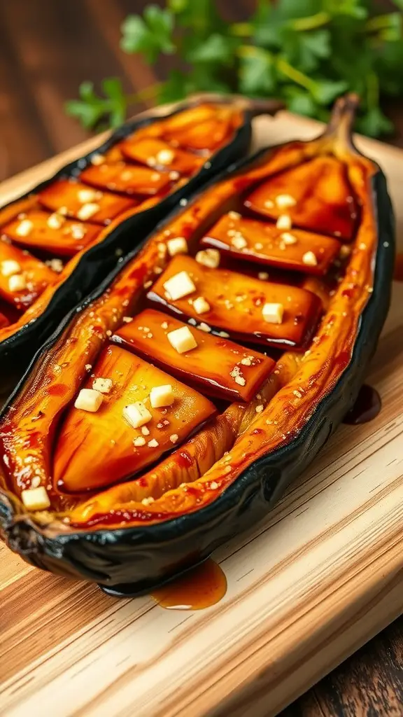 A roasted eggplant dish featuring a glossy soy sauce glaze and minced garlic.