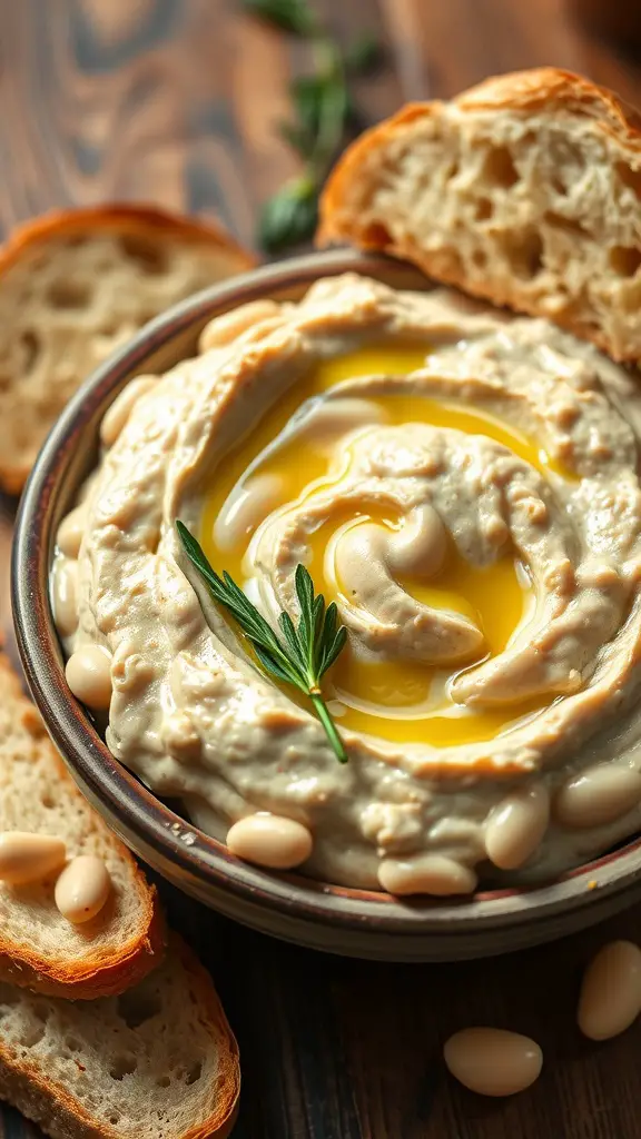 A creamy roasted garlic and white bean spread served in a bowl with slices of bread.
