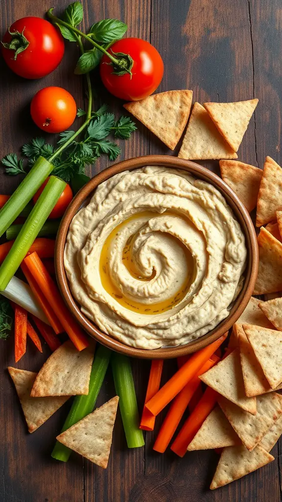 Creamy roasted garlic hummus served with fresh vegetable sticks and pita chips