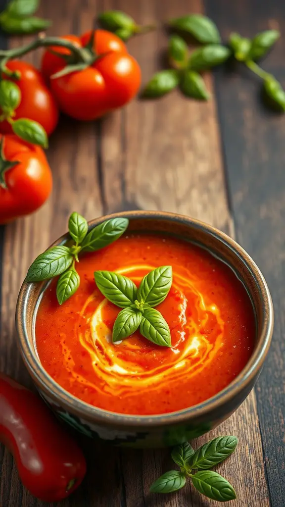 Bowl of roasted red pepper and tomato soup garnished with basil leaves