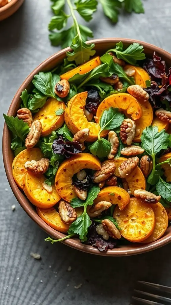A colorful bowl of roasted summer squash salad with greens and nuts