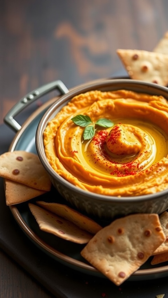 A bowl of roasted sweet potato hummus surrounded by pita chips.
