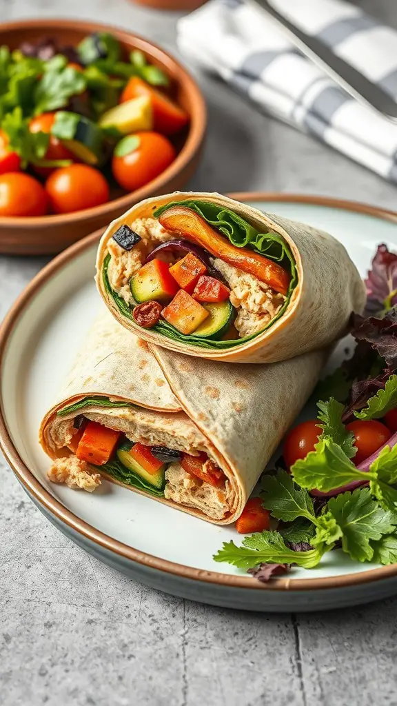 A close-up of a roasted vegetable and hummus wrap, cut in half and served with a side salad.
