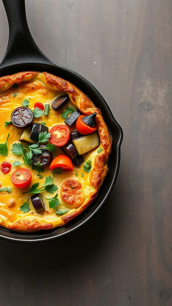 A delicious frittata with roasted vegetables, garnished with herbs.