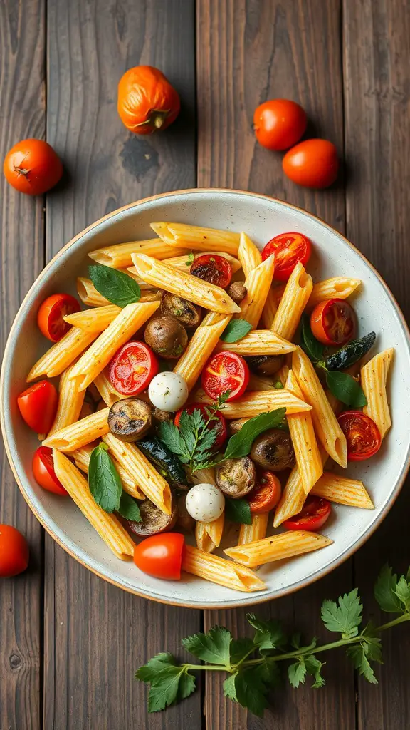 A bowl of roasted veggie pasta salad with penne pasta, cherry tomatoes, and fresh herbs.